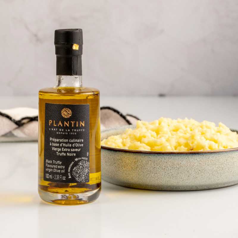 Préparation culinaire à base d'huile d'olive vierge extra et d'arôme truffe  noire avec morceaux de truffes noires, Plantin (10 cl)